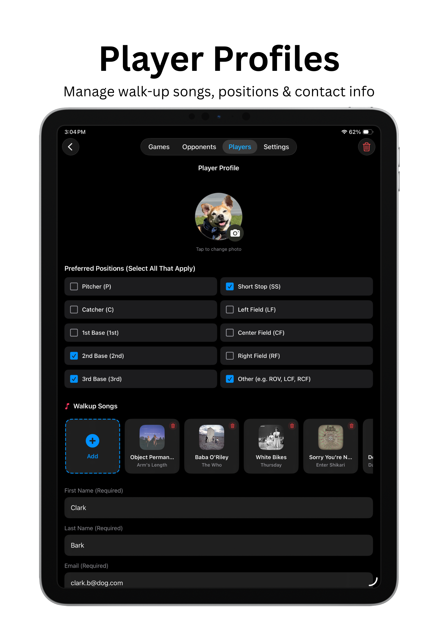 Player profiles with walkup songs and positions